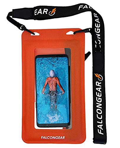 FalconGear Floating Waterproof Phone Pouch Universal Waterproof Phone Case with Zipper & Adjustable Lanyard Cellphone Dry Bag for iPhone 13/12/11 Pro Max XR Galaxy S22/21/20 Ultra (Orange-Red)