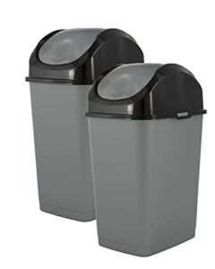 superio kitchen trash can with swing top lid 9 gallon, (2 pack) slim waste bin 37 qt durable plastic, fit small spaces, office, bathroom, under counter (grey/black)