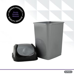 Superio Kitchen Trash Can with Swing Top Lid 9 Gallon, (2 Pack) Slim Waste Bin 37 Qt Durable Plastic, Fit Small Spaces, Office, Bathroom, Under Counter (Grey/Black)