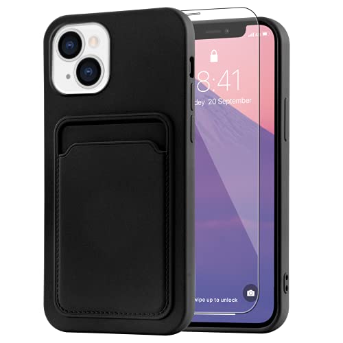 MZELQ Compatible with iPhone 13 (6.1 inch) Case, Card Holder Camera Protection Cover for iPhone 13 + Screen Protector, Card Slot Designed for iPhone 13 Phone Case -Black