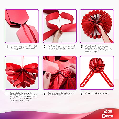 Zoe Deco Congratulations Car Bow (Red, 30 inch), Giant Gift Bow Pre-Printed with Congratulations, Big Bow for Car, Birthday Bow, Huge Car Bow, Car Bows, Big Bow for Gifts, Bow for Cars, Gift Wrapping