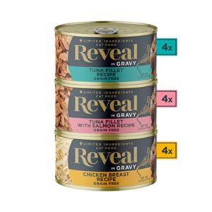 Reveal Natural Wet Cat Food, 12 Pack, Limited Ingredient Canned Wet Cat Food, Grain Free Food for Cats, Variety of Fish and Chicken Flavors in Gravy, 2.47oz Cans