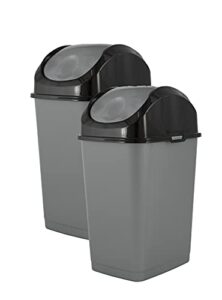 small swing top trash can with lid, 4.5 gallon plastic trash can, 2 pack compact garbage can, wastebasket with swing top lid, waste bin for home, kitchen, office, bedroom, bathroom -18 qt (grey/black)