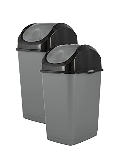 Small Swing Top Trash Can with Lid, 4.5 Gallon Plastic Trash Can, 2 Pack Compact Garbage Can, Wastebasket with Swing Top Lid, Waste Bin for Home, Kitchen, Office, Bedroom, Bathroom -18 Qt (Grey/Black)