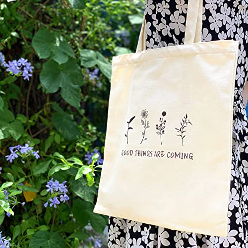 Kazova Floral Cotton Canvas Tote Bag Minimalist Bouquet Tote Bag Reusable Canvas Shopping Grocery Bags Wildflower Botanical Boho Gift for Women (Black)