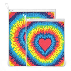 poeticcity colorful heart, love, rainbow tie dye background 2 pack polyester reusable machine washable mesh laundry bags, travel dirty bag for bra, socks, shoes on home camp trip