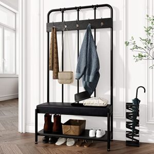 allewie coat rack shoe bench, 76" freestanding hall tree, entryway bench with storage shelves, upholstered sponge-padded seat, organized with 5 hooks, industrial accent furniture, easy assembly, black