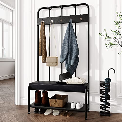 Allewie Coat Rack Shoe Bench, 76" Freestanding Hall Tree, Entryway Bench with Storage Shelves, Upholstered Sponge-Padded Seat, Organized with 5 Hooks, Industrial Accent Furniture, Easy Assembly, Black