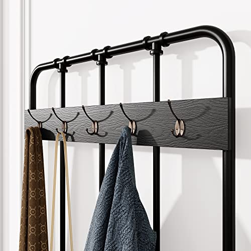 Allewie Coat Rack Shoe Bench, 76" Freestanding Hall Tree, Entryway Bench with Storage Shelves, Upholstered Sponge-Padded Seat, Organized with 5 Hooks, Industrial Accent Furniture, Easy Assembly, Black