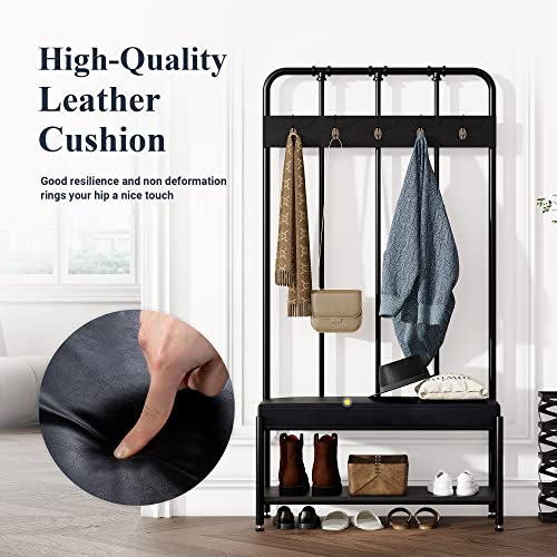 Allewie Coat Rack Shoe Bench, 76" Freestanding Hall Tree, Entryway Bench with Storage Shelves, Upholstered Sponge-Padded Seat, Organized with 5 Hooks, Industrial Accent Furniture, Easy Assembly, Black