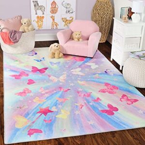 superior indoor colorful kids rugs for playroom, nursery, bedroom, entryway, cute accent throw, home floor decor, unique, soft, cotton backed rugs, butterfly collection, 4' x 6', magenta