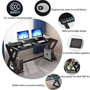 VUYUYU Computer Desk, Home Office Desks, Modern Glass Top X-Frame Metal Computer Gaming Writing Desks Laptop Table Tempered Glass/Black/55.1 inches