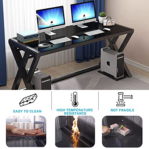 VUYUYU Computer Desk, Home Office Desks, Modern Glass Top X-Frame Metal Computer Gaming Writing Desks Laptop Table Tempered Glass/Black/55.1 inches