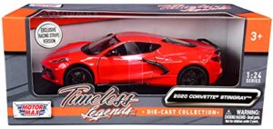 motormax toy 2020 chevy corvette c8 stingray red with silver racing stripes timeless legends 1/24 diecast model car by motormax 79360
