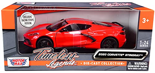 Motormax Toy 2020 Chevy Corvette C8 Stingray Red with Silver Racing Stripes Timeless Legends 1/24 Diecast Model Car by Motormax 79360