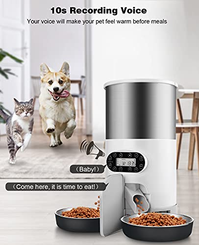 HUICOCY Automatic Cat Feeders, 304 Stainless Steel Timed Cat Food Dispenser for 2 Cats & Small Dog, 4.5L Pet Feeder with 2-Way Splitter, 1-4 Meals Portion Control,10s Voice Recorder, Dual Power Supply