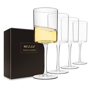 large square wine glasses set of 4 crystal,17oz clear cylinder wine glassware flat bottom,hand blown white red wine glass with long stem,copas de vino,modern unique gift for women,men,wedding,party
