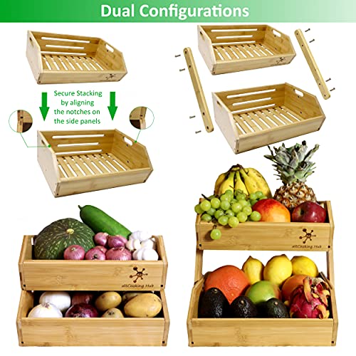 Bamboo Storage Bin - Multipurpose Open Front Stacking Bins for Kitchen & Pantry - Configurable as 2 Tier Bamboo Fruit Basket on Countertop – Ideal for Vegetables, Potato and Onion Storage Bin