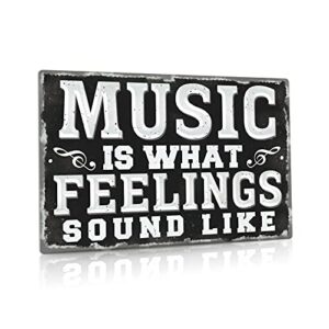 putuo decor metal vintage music sign, retro wall decor for coffee bar, man cave, garage, 12x8 inches aluminum sign (music is what feelings sound like)