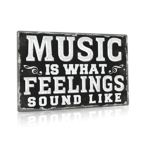 Putuo Decor Metal Vintage Music Sign, Retro Wall Decor for Coffee Bar, Man Cave, Garage, 12x8 Inches Aluminum Sign (Music Is What Feelings Sound Like)