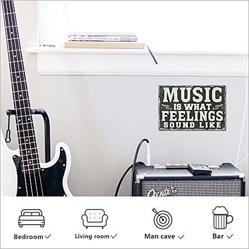 Putuo Decor Metal Vintage Music Sign, Retro Wall Decor for Coffee Bar, Man Cave, Garage, 12x8 Inches Aluminum Sign (Music Is What Feelings Sound Like)