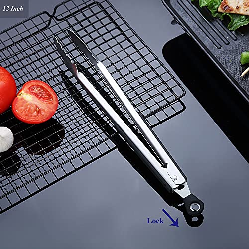 12 Inch Barbecue Tongs, Stainless Steel BBQ Tongs, Premium Grill Tongs for Cooking, Metal Tongs for Massive Meat, Locking Kitchen Tongs, Stylish Sturdy Cooking Tongs