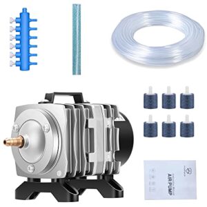 seajoewe commercial air pump 18 watt single outlet, 6 valve manifold for aquarium, fish tank, fountain, pond & hydroponics, 396 gph, silver