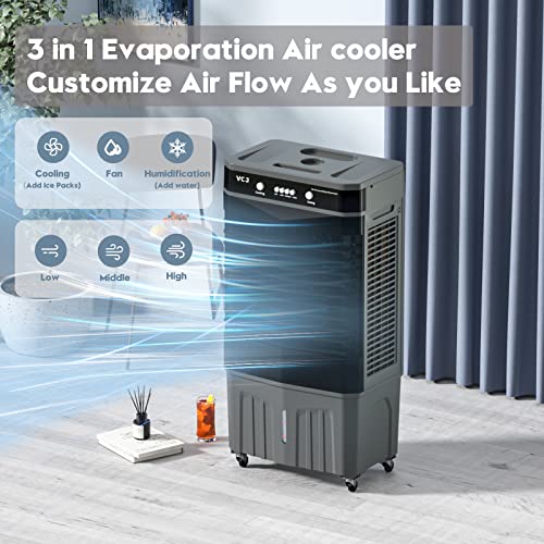 VCJ Portable Evaporative Air Cooler, 3 in 1 Cooling Fan with 6 Ice Crystal Boxes, Large Water Tank and Casters, 3-Mode 3-Speed Air Swamp Cooler for Room Home Office