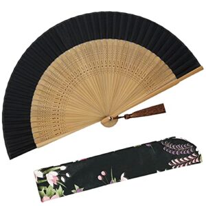 zolee folding hand fan for women - foldable chinese japanese vintage bamboo silk fan - for hot flash, dance, performance, decoration, party, gift (bamboo s black)