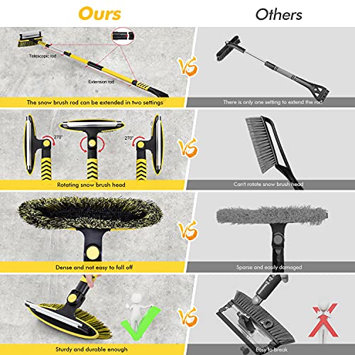 GEJRIO Ice Scraper for Car Windshield, 34.3" to 58.3" Extendable Snow Brush, 5 in 1 Snow Scraper for Car Auto SUV Truck, Yellow