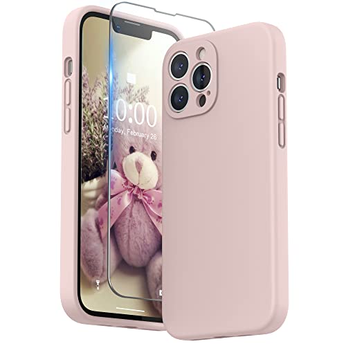 SURPHY Compatible with iPhone 13 Pro Max Case with Screen Protector, (Camera Protection + Soft Microfiber Lining) Liquid Silicone Phone Case 6.7 inch 2021, Pink Sand