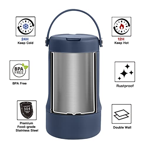 Ideus 20 oz Insulated Food Jar, Stainless Steel Vacuum Thermal Lunch Box Soup Thermoses with Folding Spoon, Leakproof Food Container for School Office Picnic Travel Camping, Navy Blue