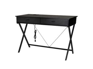 glitzhome 43.25" l modern industrial home office desk with 1 outlets and 2 usb charging ports, wood/metal writing desk pc table computer desk, black oak