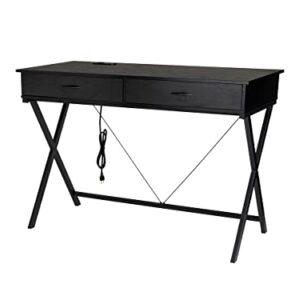 glitzhome 43.25" L Modern Industrial Home Office Desk with 1 Outlets and 2 USB Charging Ports, Wood/Metal Writing Desk PC Table Computer Desk, Black Oak
