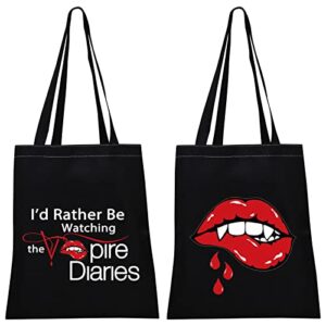 tsotmo vampire inspired gift i'd rather be watching the vampire canvas tote bag tv show fandom gift (vamp-blk canvas)