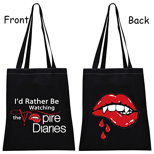 TSOTMO Vampire Inspired Gift I'd Rather Be Watching The Vampire Canvas Tote Bag TV SHOW Fandom Gift (Vamp-Blk canvas)