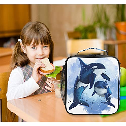 Insulated Lunch Bag Killer Whale Ocean Watercolor Portable Lunch Box Zippered Lunch Tote Bag Cooler Bag with Adjustable Strap for Women Men Work School Girl Boy