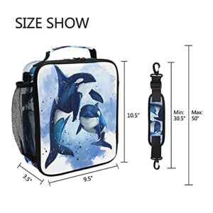 Insulated Lunch Bag Killer Whale Ocean Watercolor Portable Lunch Box Zippered Lunch Tote Bag Cooler Bag with Adjustable Strap for Women Men Work School Girl Boy