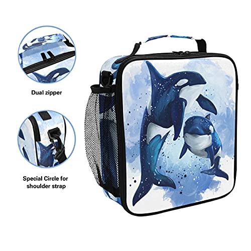 Insulated Lunch Bag Killer Whale Ocean Watercolor Portable Lunch Box Zippered Lunch Tote Bag Cooler Bag with Adjustable Strap for Women Men Work School Girl Boy