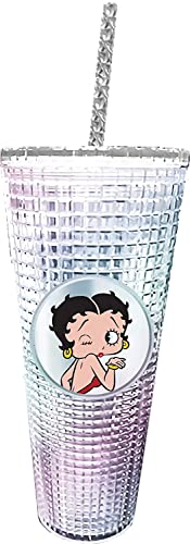 Spoontiques - Diamond Tumbler - Textured Cup with Straw - Double Wall Insulated and BPA Free - 20 oz - DC Comics - Betty Boop