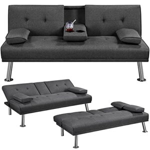 yaheetech linen fabric modern sofa bed sectional couch bed folding recliner sleeper reversible loveseat convertible daybed, 2 cup holders, 3 angles, 772lb capacity, removable armrests, dark gray