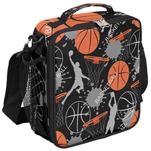 basketball kids lunch box basketball sport insulated lunch bag tote for girls boys, cooler freezable meal prep bag with shoulder strap waterproof lunch container for school office picnic