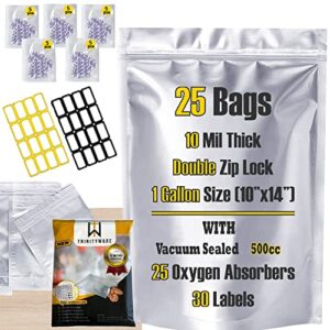 10 mil thick 25 pcs mylar bags 1 gallon with oxygen absorbers 500cc, resealable, food grade, leak proof, air-tight