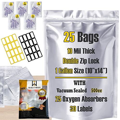 10 Mil Thick 25 pcs Mylar Bags 1 Gallon with Oxygen Absorbers 500CC, Resealable, Food Grade, Leak Proof, Air-Tight