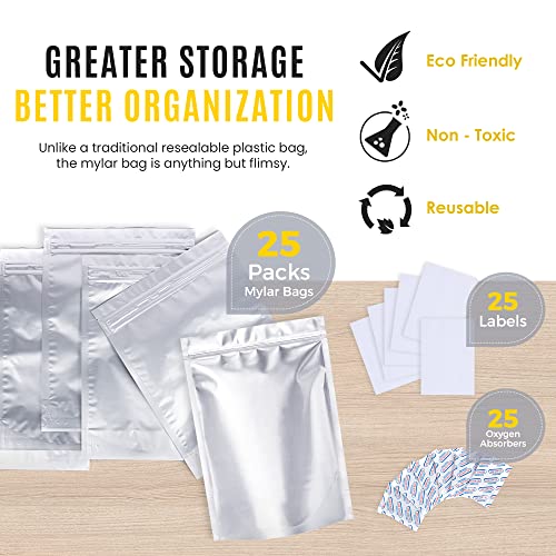 10 Mil Thick 25 pcs Mylar Bags 1 Gallon with Oxygen Absorbers 500CC, Resealable, Food Grade, Leak Proof, Air-Tight