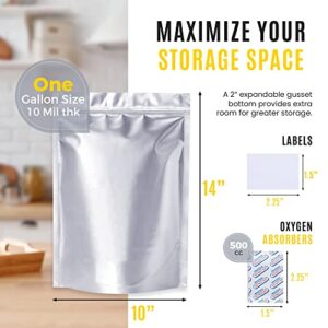 10 Mil Thick 25 pcs Mylar Bags 1 Gallon with Oxygen Absorbers 500CC, Resealable, Food Grade, Leak Proof, Air-Tight