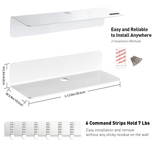 OAPRIRE Floating Shelves White Set of 2 - Damage Free Expand Wall Space - 12 Inch Command Shelf for Bedroom, Bathroom, Kitchen, Living Room, Small Acrylic Wall Shelves with Cable Clips