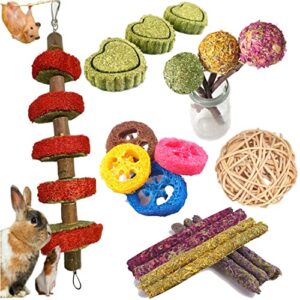 kunze land rabbit toys, natural organic apple wood sticks with timothy hay balls grass cakes loofah rabbit chew toys, 10 pcs teeth care guinea pig toys 001