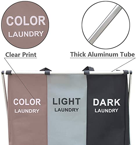 135L Laundry Cloth Hamper Sorter Basket Bin Foldable 3 Sections with Aluminum Frame 26''×24''H Washing Storage Dirty Clothes Bag for Bathroom Bedroom Home Storage basket(Brown+Grey+Black, 3 Liner)