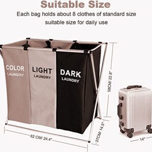 135L Laundry Cloth Hamper Sorter Basket Bin Foldable 3 Sections with Aluminum Frame 26''×24''H Washing Storage Dirty Clothes Bag for Bathroom Bedroom Home Storage basket(Brown+Grey+Black, 3 Liner)